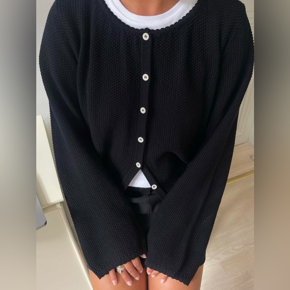 Djerf Avenue NEW Amorini Cardigan Black Cotton Knit Sweater - Picture 5 of 10